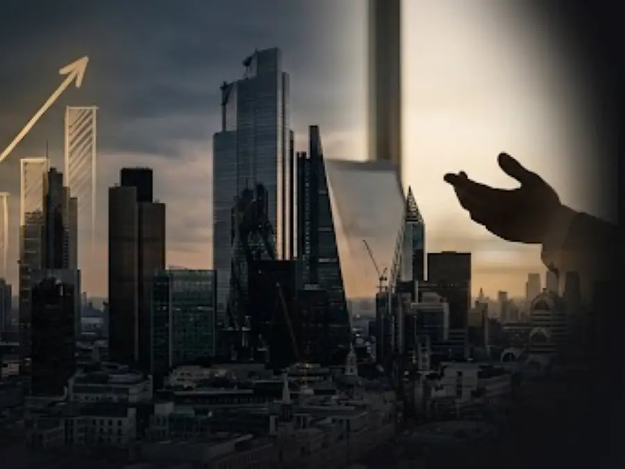 Illustrated skyscraper silhouettes at dusk with a boardroom table, briefcase and rising growth graphs