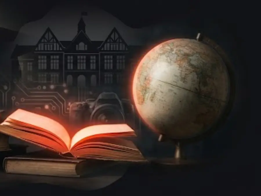 Illustrated stack of antique books, a graduation cap, a desk globe and a chalkboard corner