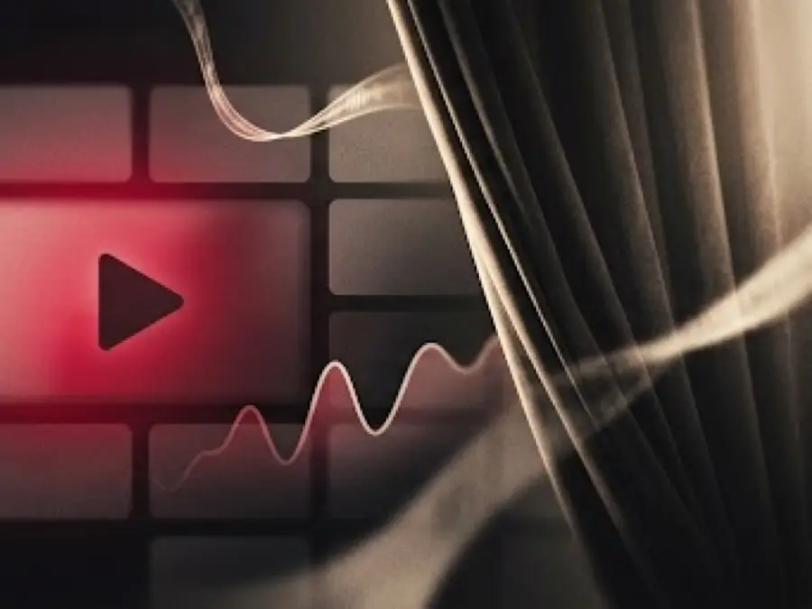 Illustrated theatre curtain with glowing screens, a play button and a sound-wave ribbon