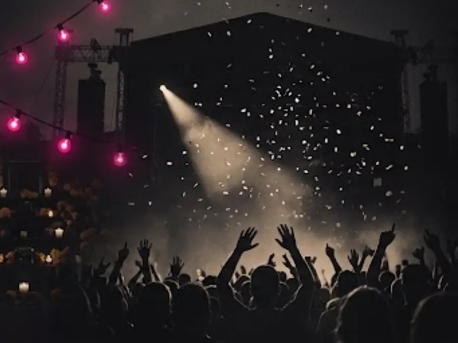 Illustrated string lights, a spotlit stage, drifting confetti and a festival crowd silhouette