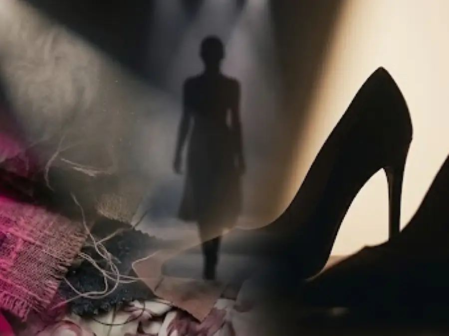 Illustrated draped fabric, a runway spotlight, a shoe silhouette and fabric swatches