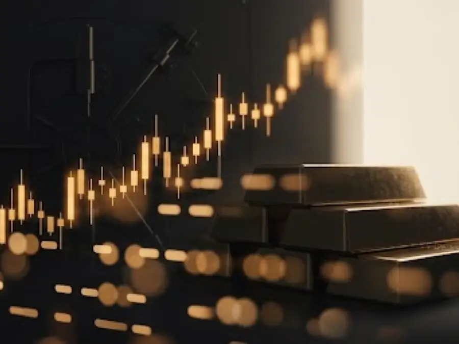 Illustrated rising candlestick chart, gold bars, a vault door and a city skyline at dusk