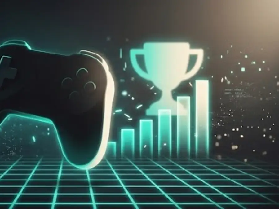 Illustrated joystick silhouette, floating pixel glow, a trophy leaderboard and a neon grid floor