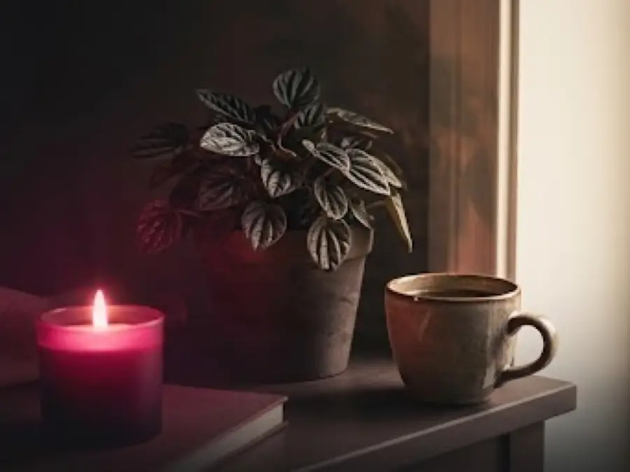 Illustrated cozy home corner with a candle, a coffee cup and a potted plant