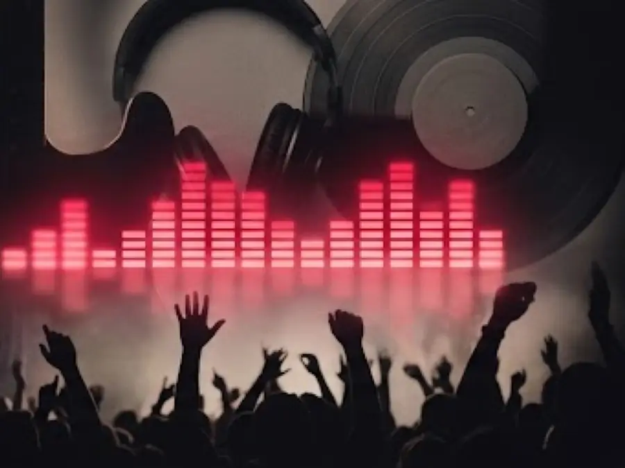 Illustrated vinyl record, headphones, a sound-wave ribbon and a guitar silhouette