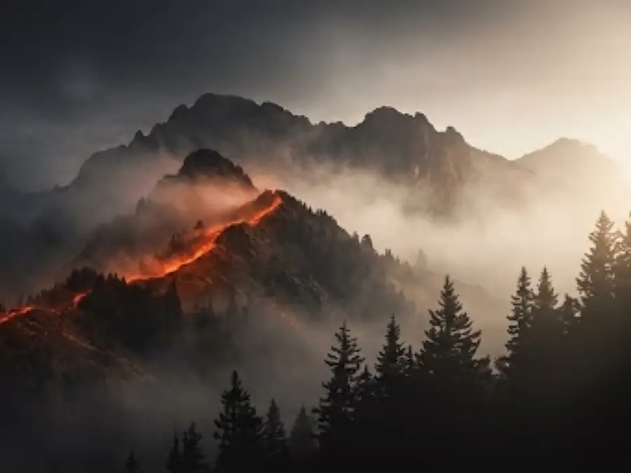 Illustrated misty mountain ridge, forest canopy, a river bend and birds in flight
