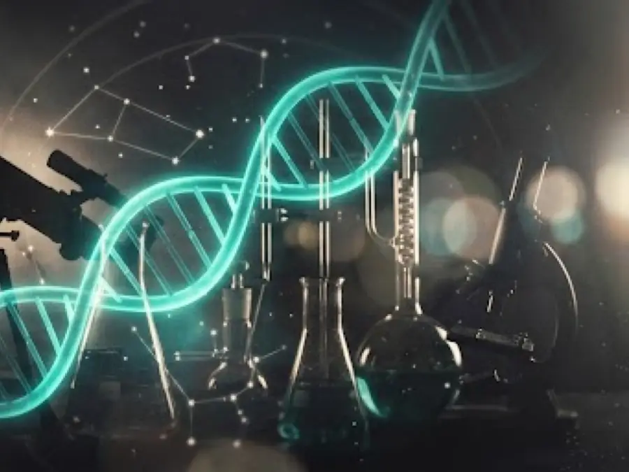 Illustrated DNA helix, a telescope, an atom orbit and lab glassware