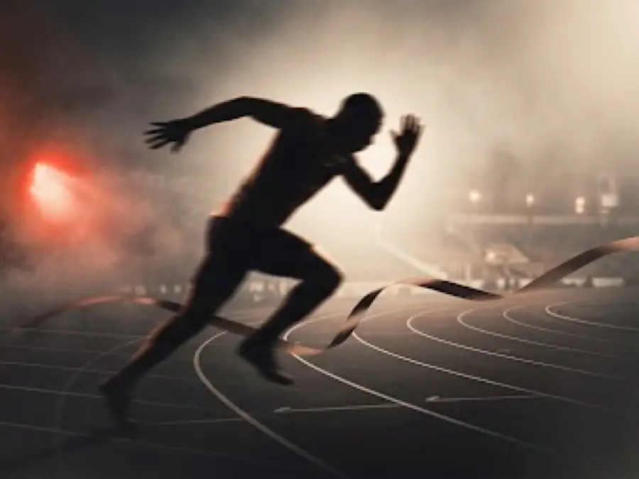Illustrated stadium floodlights through haze, running track lanes and a finish-line ribbon