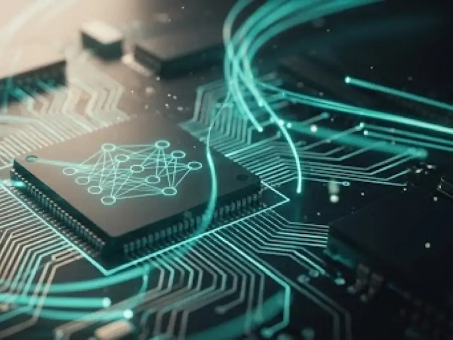 Illustrated circuit board, a glowing chip and fibre-optic light trails