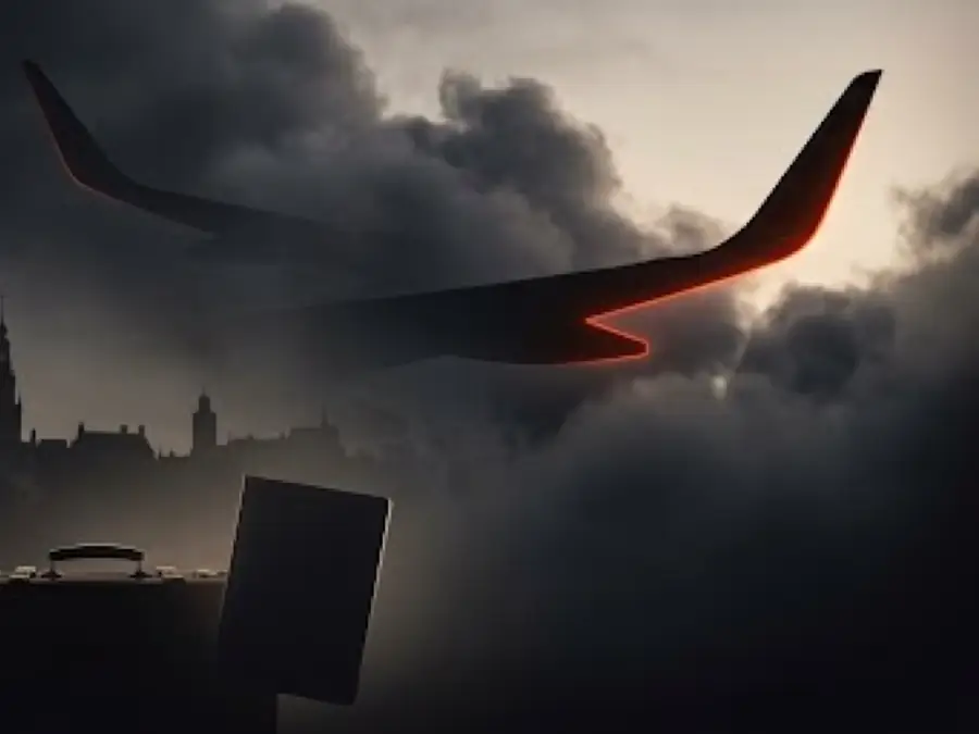 Illustrated aircraft wing above clouds with a passport, a suitcase and an old-town skyline
